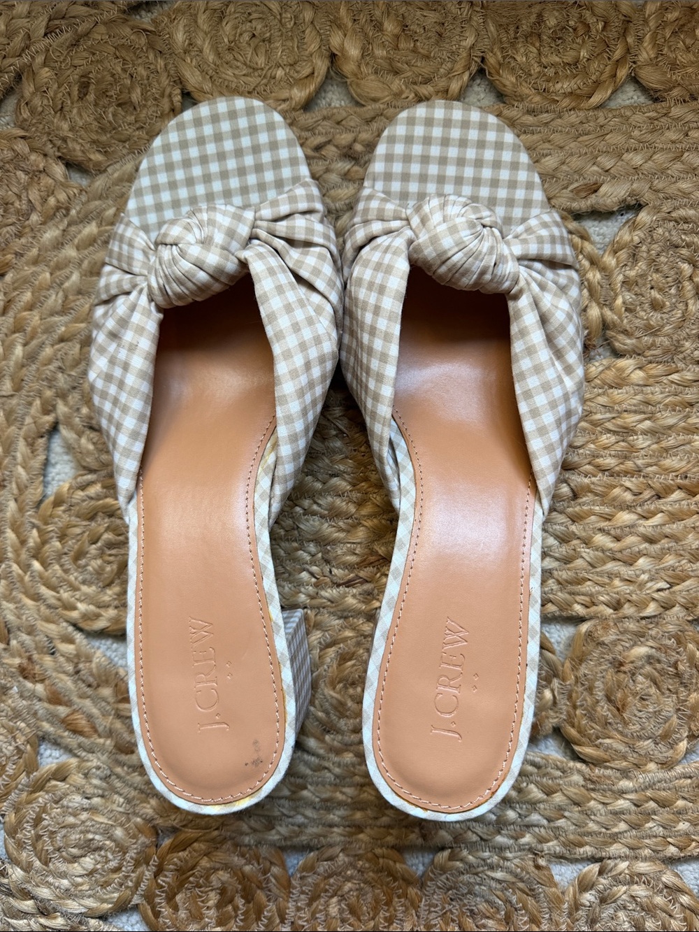 J. Crew Beige Gingham Knot Slide Mules